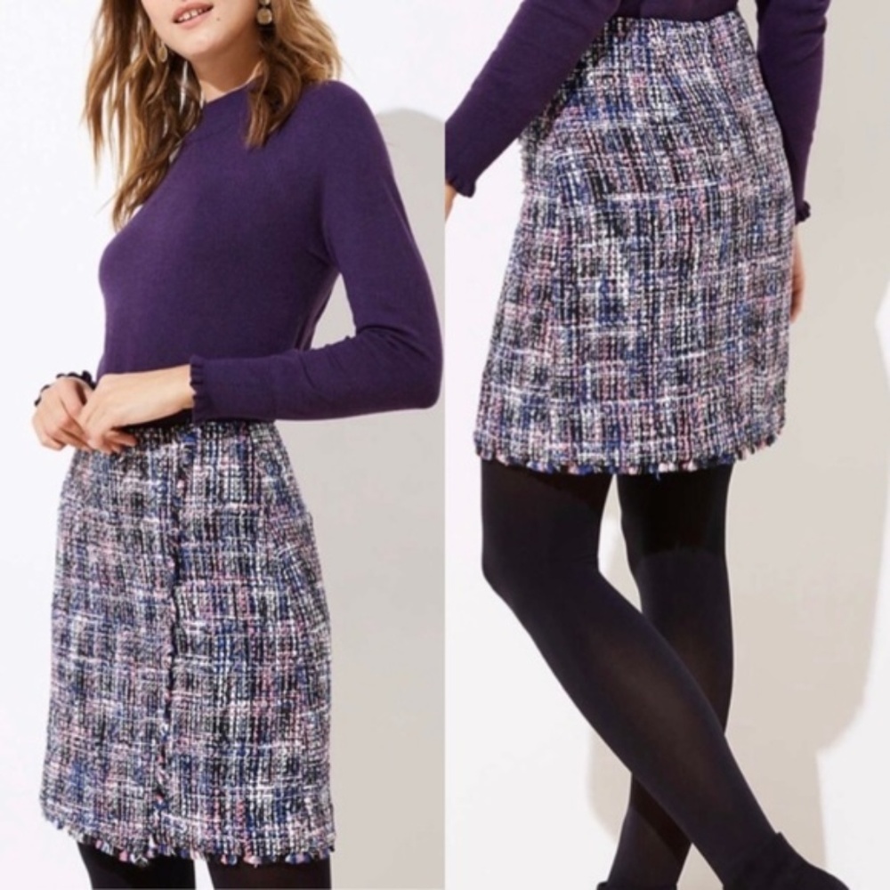 NWT loft tweed multi color wrap skirt frey hem